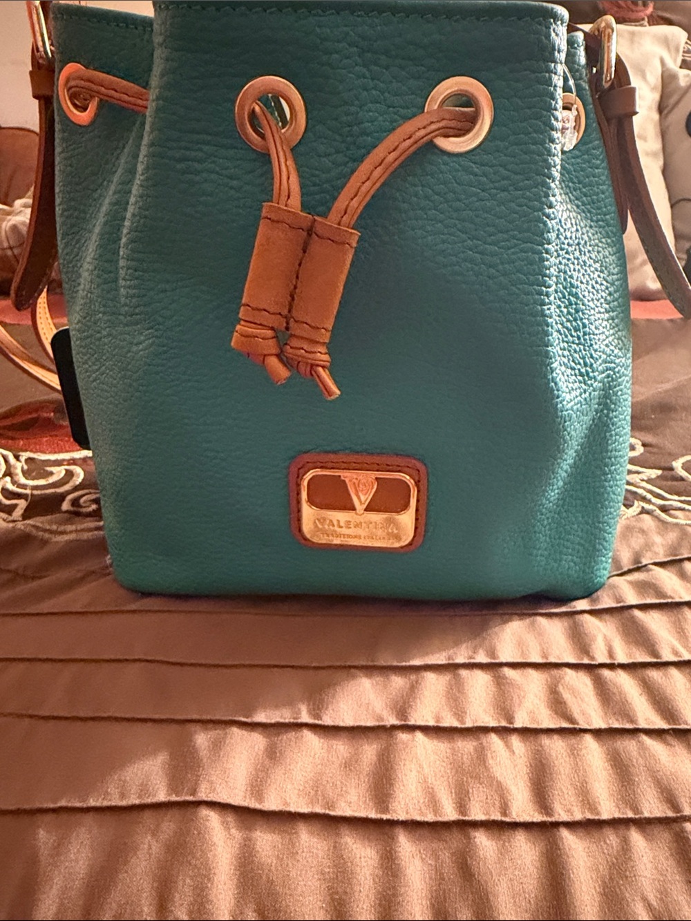 Valentino Teal Drawstring Bucket Bag with Tan Accents